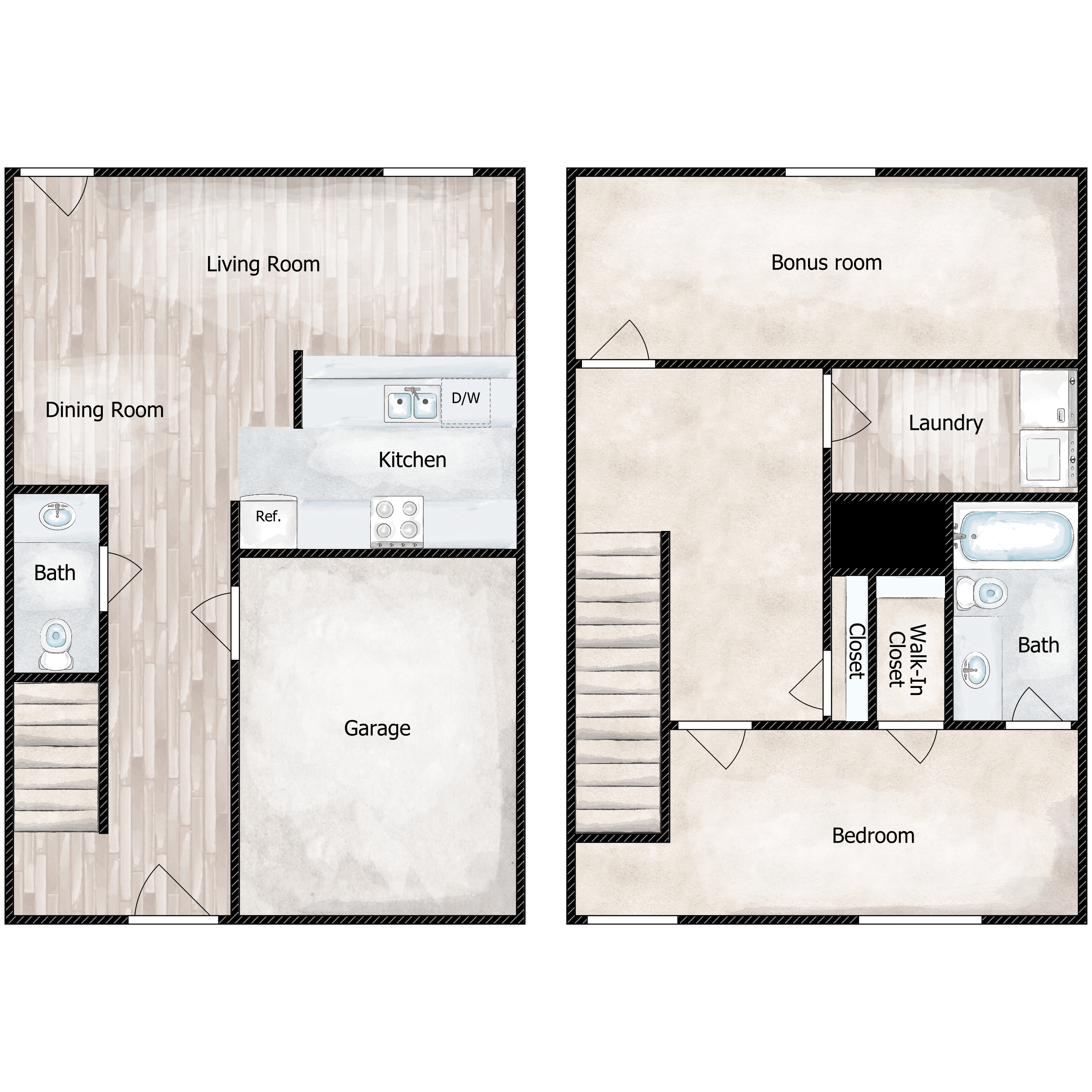 Floor plan for 1 bed, 1.5 baths, 1200 sqft